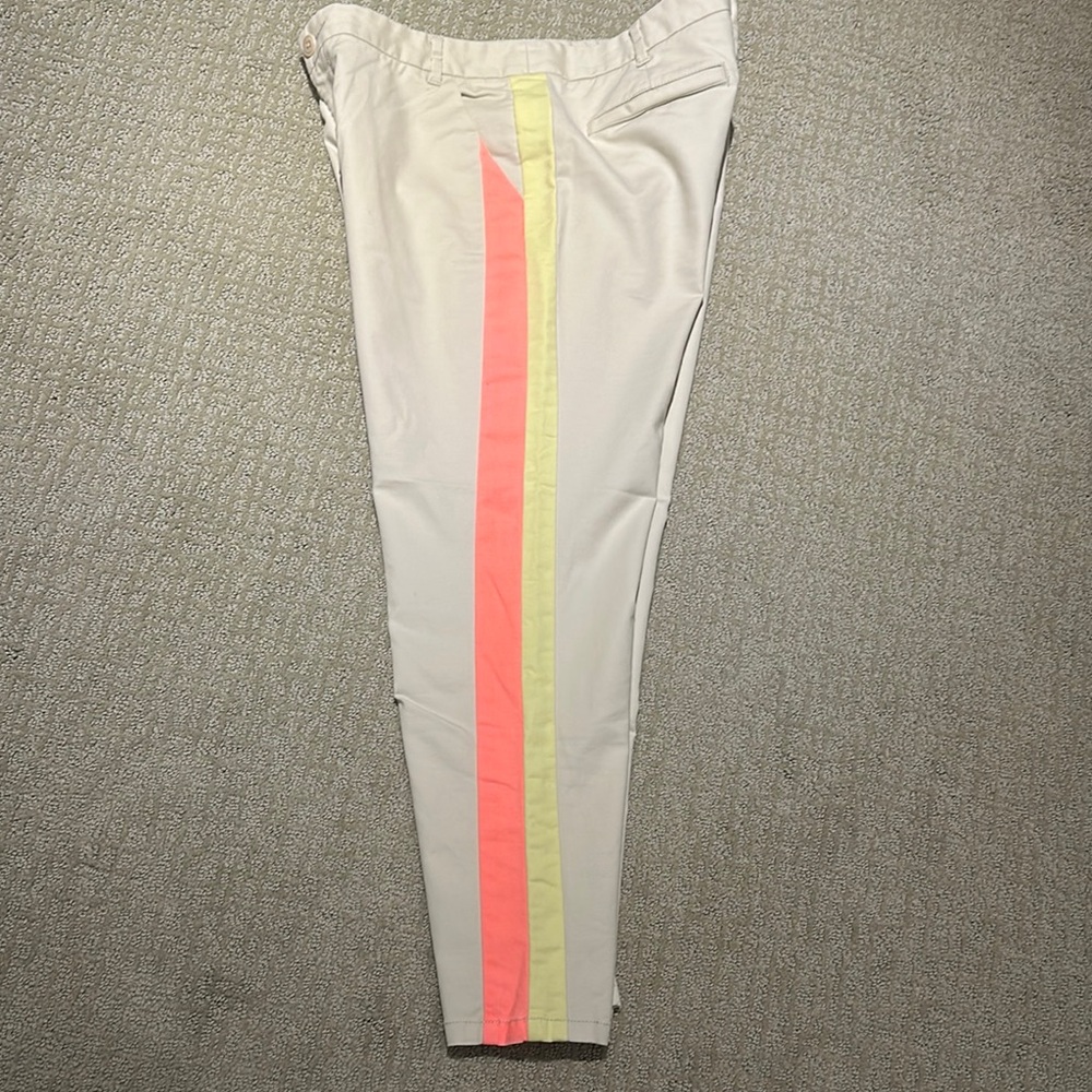 Chic Beige Pants with pink/orange and Yellow Stripes